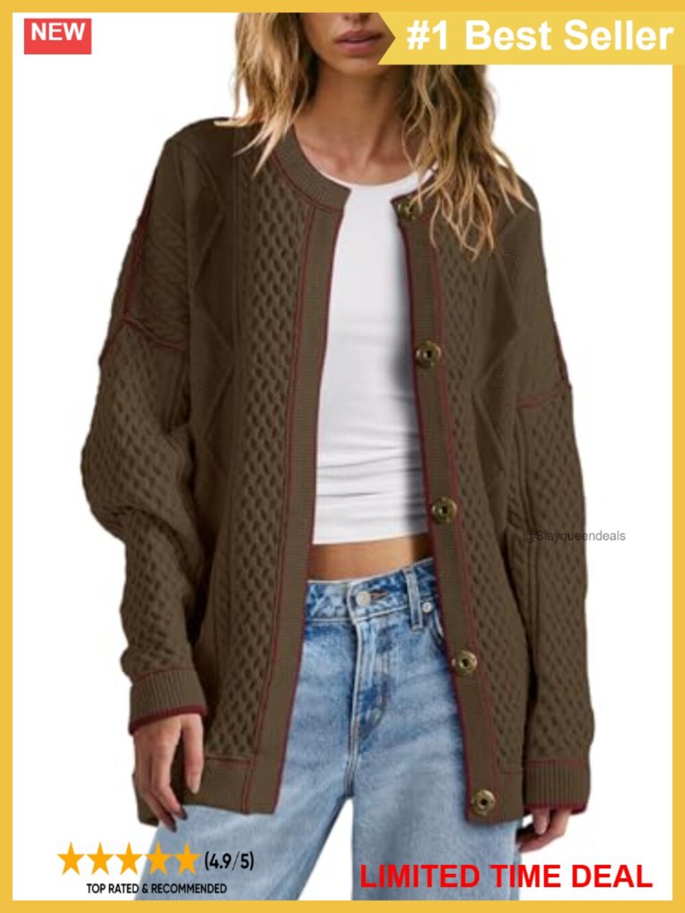 Oversized Cable Knit Cardigan Button Down Striped Sweater with Pockets